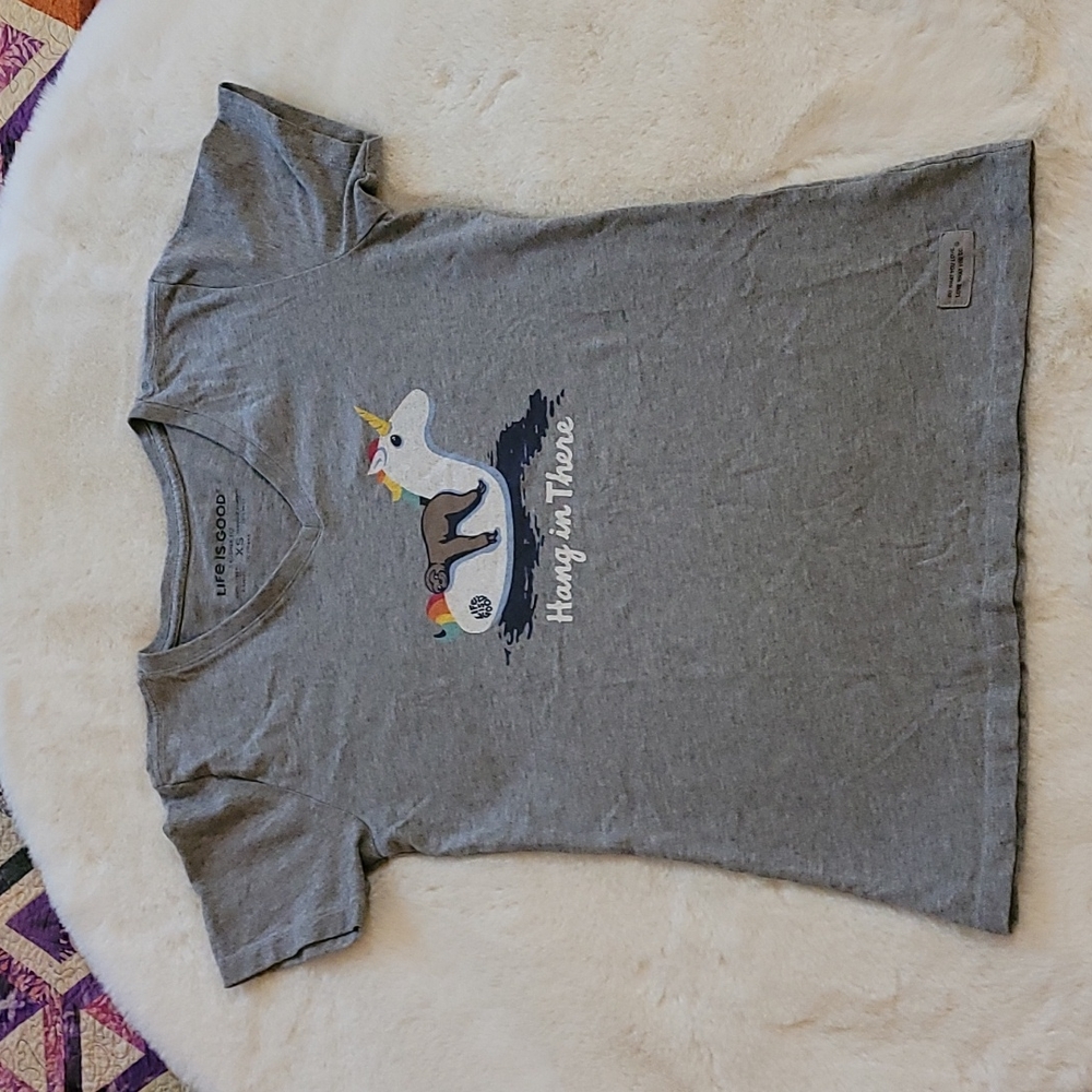 Life Is Good Crusher Tee Hang In There Sloth Unicorn Graphic Gray Casual Tshirt